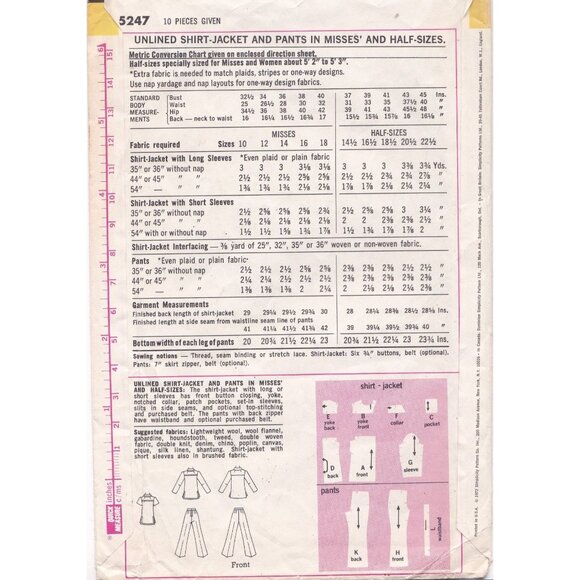 1970s Vintage Simplicity 5247 Sewing Pattern For Misses Shirt-Jacket & Pants Siz - Picture 2 of 2